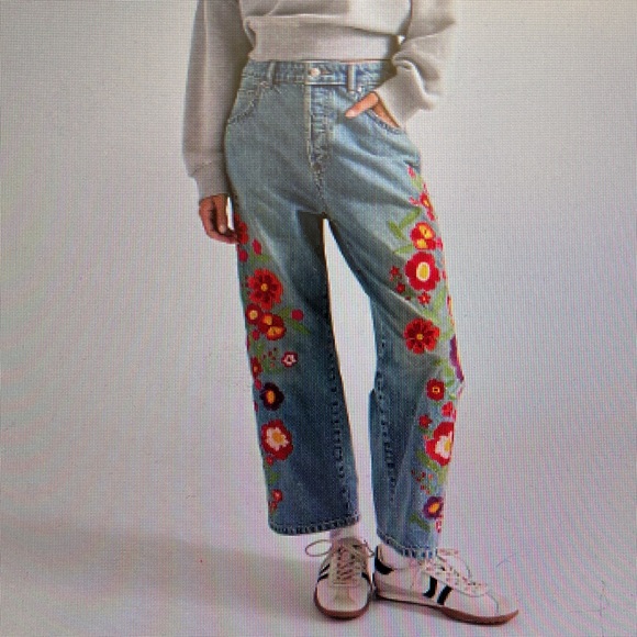 Free People Blue Jeans with Red Floral Embroidery - Picture 1 of 14